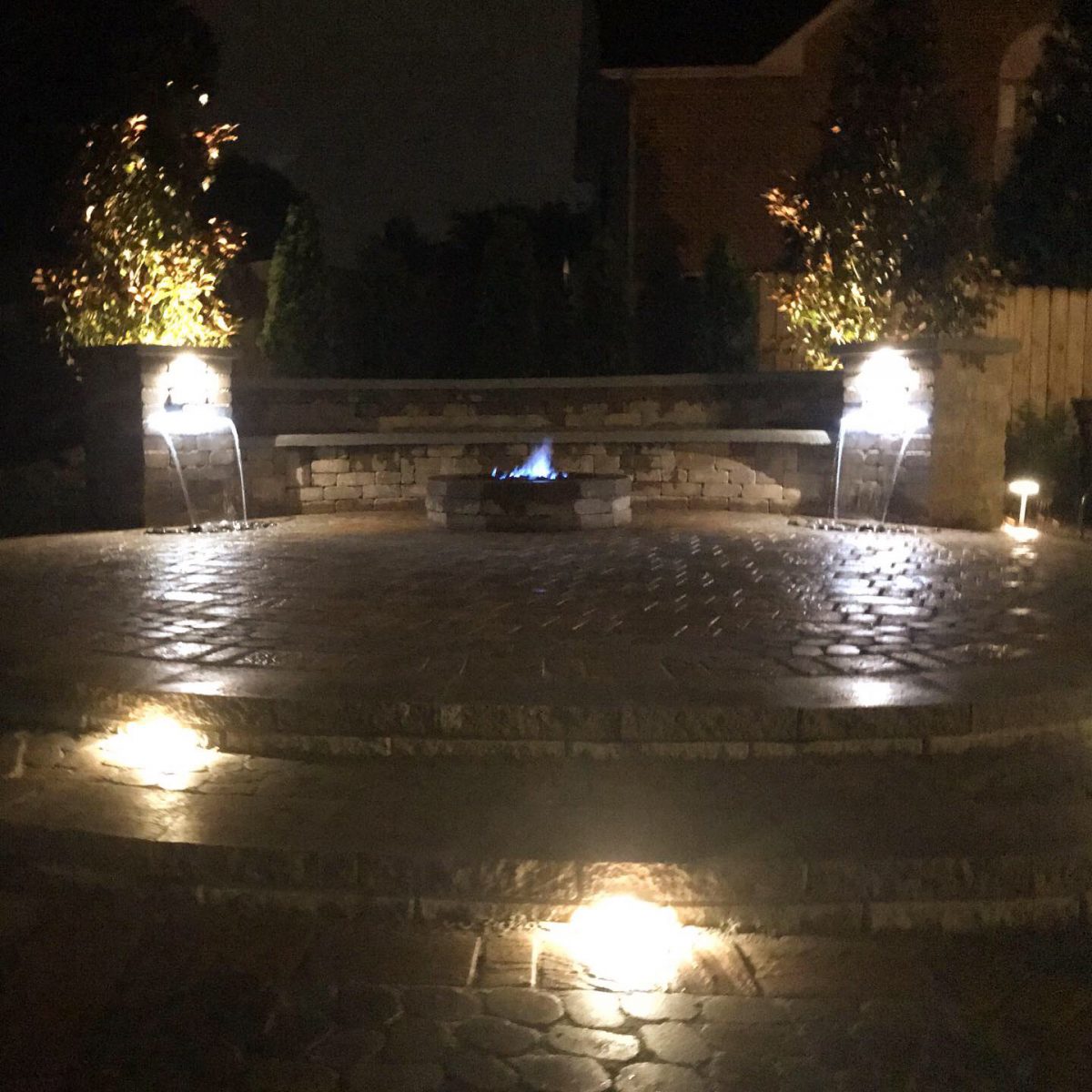 Night Lighting with Fire Pit and Water Feature